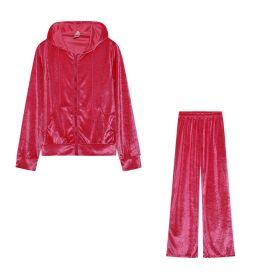 Fashion Rhinestone Velvet Sports And Leisure Suit Two-piece Set (Option: Rose Red-M)