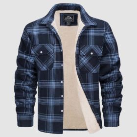 Fleece Lined Men's Jacket Long Sleeve Lapel Plaid (Option: Blue And Gray Grid-M)