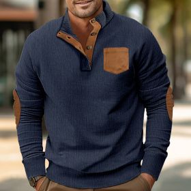 Patch Pocket Jacket Stand Collar Long Sleeve Corduroy Multicolor Hoodie (Option: Navy blue-M)