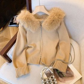 Double Zipper Fur Collar Stitching Design Sense Hooded Knit Cardigan (Option: Khaki-M)