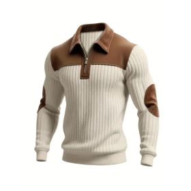 Notched-collar Patchwork Knit Top With Embroidered Zipper Hoodie (Option: Khaki-M)
