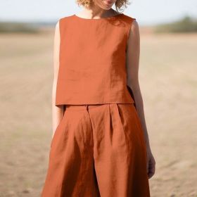 Women's Solid Color Retro Cotton And Linen Long Sleeve Loose Cotton Suit (Option: Orange-L)