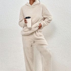 Fleece-lined Hooded Long Sleeve Dimensional Patch Pocket Casual Trousers Solid Color Suit (Option: Apricot-L)