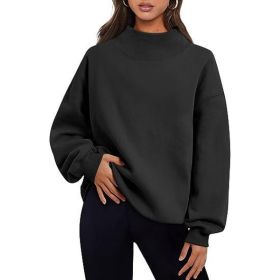 Casual Style Fleece Shirt Thick Half Turtleneck Loose Women's Sweater (Option: Black-XXL)