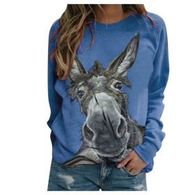 Loose Round Neck Donkey Head Floral Print Long Sleeve Pullover (Option: Blue-L)