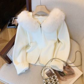 Double Zipper Fur Collar Stitching Design Sense Hooded Knit Cardigan (Option: Milky White-L)