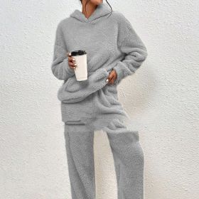 Fleece-lined Hooded Long Sleeve Dimensional Patch Pocket Casual Trousers Solid Color Suit (Option: Light Gray-XS)