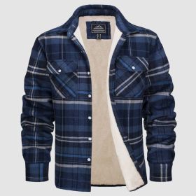 Fleece Lined Men's Jacket Long Sleeve Lapel Plaid (Option: Navy Plaid-L)