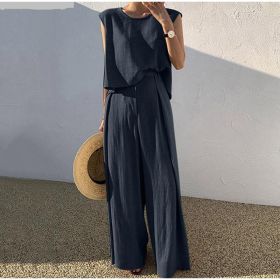 Cotton And Linen Casual Sleeveless Top Wide Leg Pants Two-piece Set (Option: Navy blue-L)