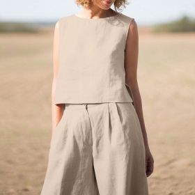 Women's Solid Color Retro Cotton And Linen Long Sleeve Loose Cotton Suit (Option: Khaki-L)