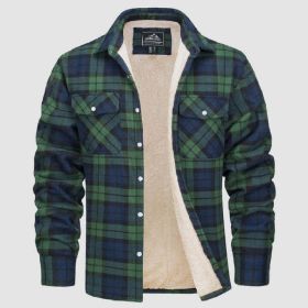 Fleece Lined Men's Jacket Long Sleeve Lapel Plaid (Option: Green Grid-L)