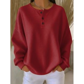 Ins Waffle Long-sleeved T-shirt Fashion Solid Color Buttons Round Neck Pullover Top Women's Clothing (Option: Red-L)