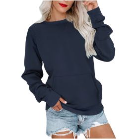 Women's Pin Solid Color Round Neck Loose Long-sleeved Sweater (Option: Navy Blue-XXL)