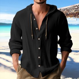 Cotton And Linen Shirt Hooded Sweater Button Long Sleeve (Option: Black-XL)