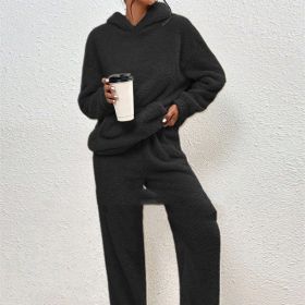 Fleece-lined Hooded Long Sleeve Dimensional Patch Pocket Casual Trousers Solid Color Suit (Option: Black-L)