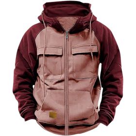 Men's Hoodie Youth Sports Multi-pocket Workwear (Option: Pink-XL)