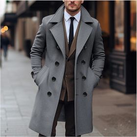 Fall Winter Men Woolen Coat Double Breasted Long (Option: Dark Gray-L)