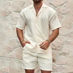 Men Tracksuits Summer Fashion Solid Loose Casual Two Pieces Lapel Button Shirt Shorts Beach Holiday All-match Outfits Male (Option: Beige-XXXL)