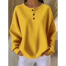 Ins Waffle Long-sleeved T-shirt Fashion Solid Color Buttons Round Neck Pullover Top Women's Clothing (Option: Yellow-4XL)