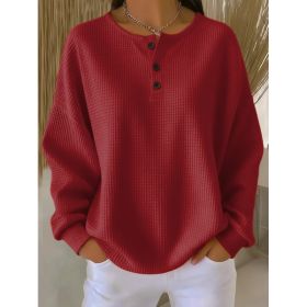 Round Neck Waffle Solid Color Pullover Loose Top (Option: Red-3XL)