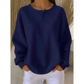 Ins Waffle Long-sleeved T-shirt Fashion Solid Color Buttons Round Neck Pullover Top Women's Clothing (Option: Dark Blue-4XL)