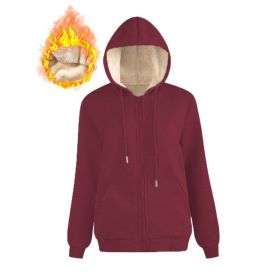 Warm Berber Fleece Pocket Hooded Sweatshirt Coat (Option: Wine Red Thread Zipper-XL)